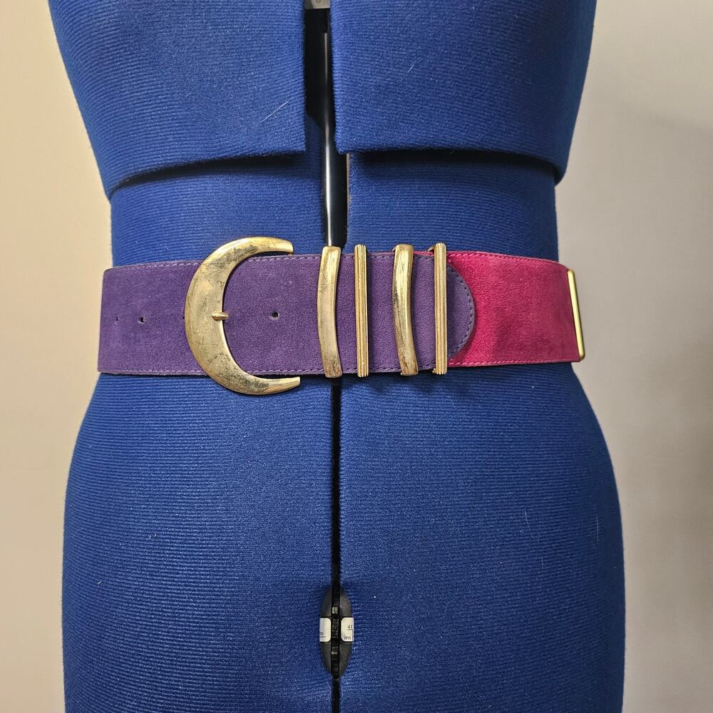 Limited Colorblock Leather Belt | Purple, Fuchsia & Blue | Gold Buckle | Size L